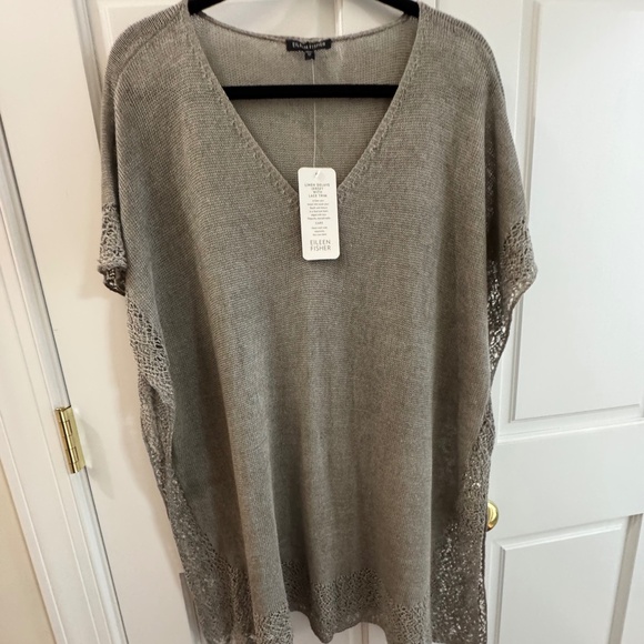 NWT Eileen Fisher stone grey linen Delave Jersey Lace Trim M Tunic Sweater Top - Picture 1 of 4